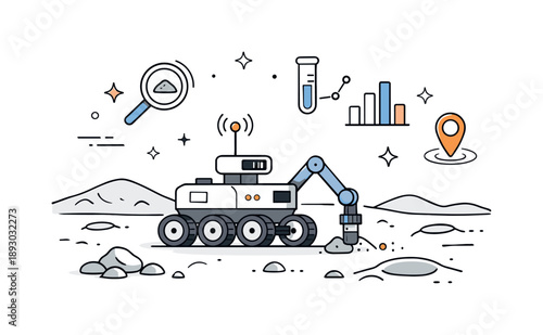 Lunar Rover Journey. Space rover exploration on a distant moon. A small autonomous rover slowly moves across an alien lunar surface, scanning the ground and