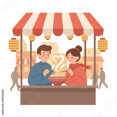 Valentine's Day Warm Editorial Flat Cute Couple Sharing Street Food in City Night Market Vector Illustration.