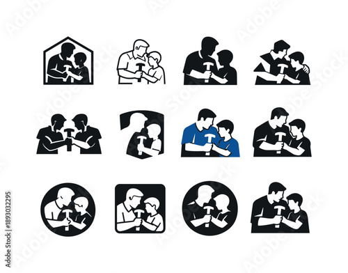 Father-Son Home Projects. A father and son working together on a home improvement project. Icon set. Set Logo of A father and son working together on a home