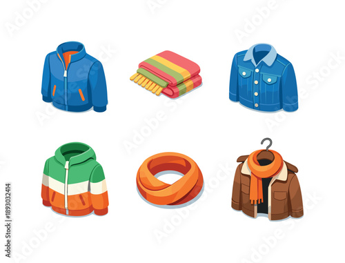 Isometric Clothing Icons. Light Jackets And Scarves. Isometric flat vector icons set of Light Jackets And Scarves: lightweight zip jacket, folded spring scarf,