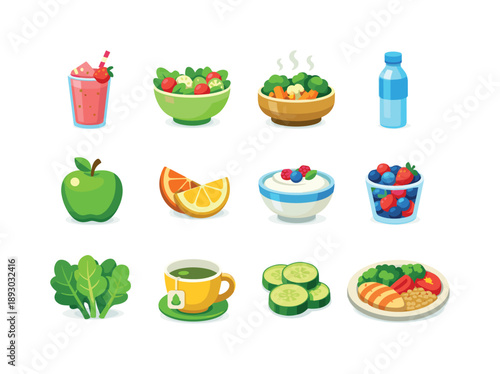 Colorful Diet Icons. Light diet. Colorful flat vector icons set of light diet: fruit smoothie, salad bowl, steamed vegetables, water bottle, green apple,