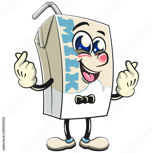 cute milk carton mascot character with straw two hands giving a sign of love, isolated vector illustration, work of hand drawn
