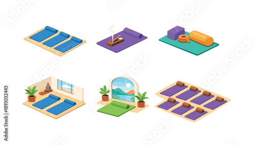 Yoga Studio Icons. Yoga studio. Isometric flat vector icons set of Yoga studio: yoga mats lined on floor, yoga mat with incense burner, studio mat with props,