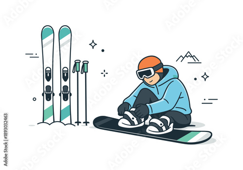Ski and Snowboard Prep. Ski and snowboard elements. A person calmly adjusting snowboard bindings while skis stand nearby, focused preparation before hitting