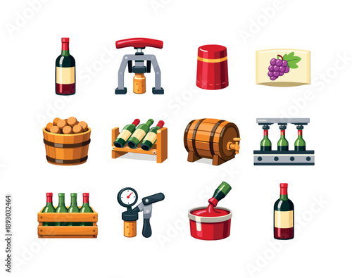 Wine Bottling Icons. Wine bottling. Colorful flat vector icons set of wine bottling: wine bottle, cork insertion tool, foil capsule, label sticker, cork bin,