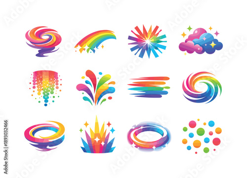Vibrant Motion Icons. Colorful motion. Colorful flat vector icons set of colorful motion: swirling dust, color trail arc, gradient burst, sparkle cloud, powder