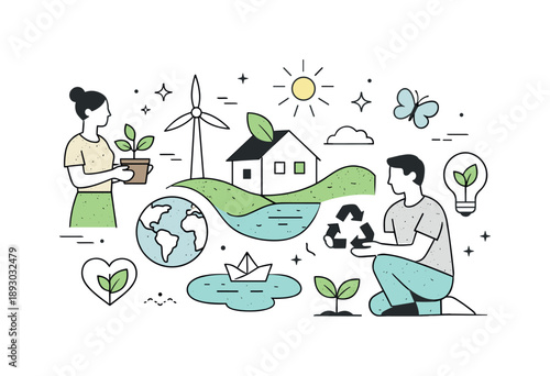 Organic Eco Design. Inspirational design with ecology materials trend. An abstract editorial scene with organic shapes, recycled textures, and eco icons