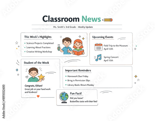 Classroom Newsletter Design. Educational newsletter template. Reviewing a neatly structured classroom newsletter, clear hierarchy and friendly communication.