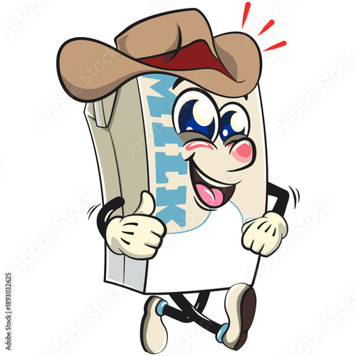 cute milk carton mascot character with straw walking with wearing a cowboy hat smiling, isolated vector illustration, work of hand drawn