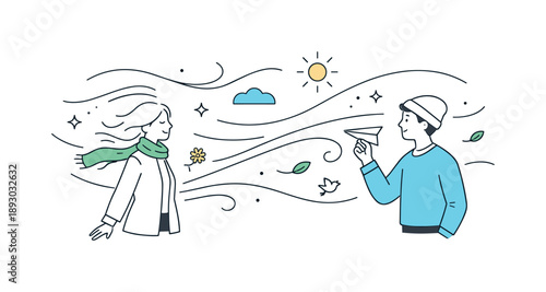 March Wind Whispers. March wind movement. Soft curved lines sweeping across the scene with minimal abstract elements, symbolizing breezes and early spring air.