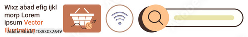 E-commerce, wireless technology, digital tools, online navigation, shopping trends, internet communication. Shopping cart, wireless signal magnifying glass and search bar icons. E-commerce