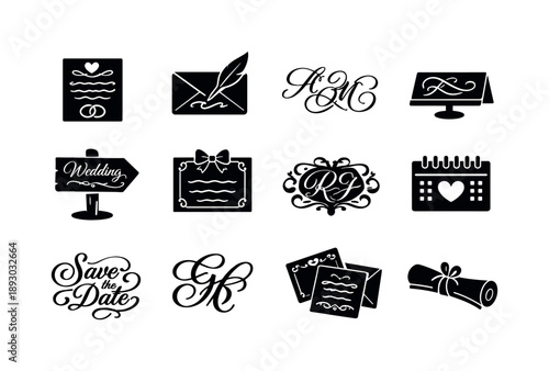 Wedding Calligraphy Icons. Wedding Calligraphy. Solid icon set of Wedding Calligraphy: invitation lettering, envelope addressing, elegant script names, place