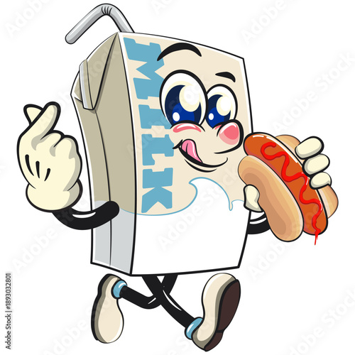 cute milk carton mascot character with straw walking while carrying a hotdog, isolated vector illustration, work of hand drawn
