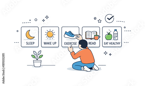 Daily Routine Cards. Building better habits. A person arranging simple daily routine cards in a neat sequence, showing intention and clarity. The scene