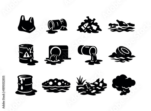 Polluted Stream Icons. Polluted stream waste. Solid icon set of Polluted stream waste: plastic bag, rusted can, garbage pile, floating debris, waste barrel,