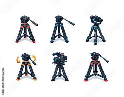 Video Tripod Icons. Video Tripod. Isometric flat vector icons set of Video Tripod: video tripod with fluid head, tripod with handle bar, stabilized video