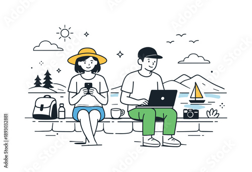 Digital Nomads' Serenity. Working while exploring. A calm moment of digital nomads seated on a bench or ledge, scenic background and subtle device use. Scene