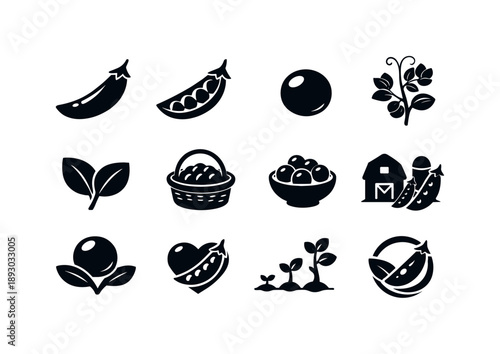 Pea Icon Set. Pea Vegetable. Solid icon set of Pea Vegetable: whole pea pod, split pod peas, single pea seed, pea plant stem, pea leaves, pea harvest basket,