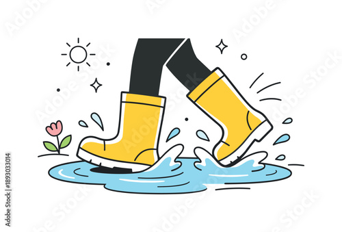 Rain Boot Puddle. Spring Puddles and Rain Boots. Pair of rain boots walking through puddles, gentle splashes captured with simple motion accents. Light joyful