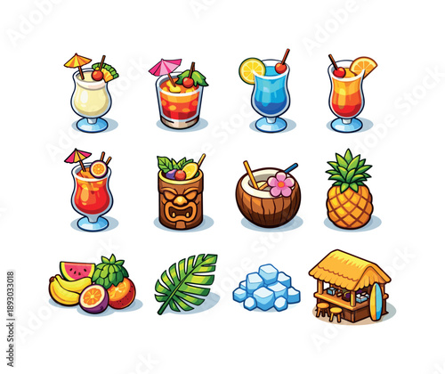 Tropical Cocktail Icons. Tropical cocktails. Colorful isometric vector icons set of Tropical cocktails: pina colada, mai tai, blue lagoon drink, tequila
