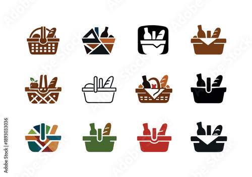 Picnic Basket Logos. Picnic basket. Icon set. Set Logo of picnic basket: leisure outdoor food basket. harmonious logo variations of the same emblematic