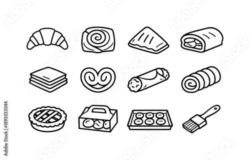 Pastry Line Icons. Pastry Selection. Line icon set of Pastry Selection: croissant, danish pastry, apple turnover, strudel slice, puff pastry, palmier cookie,