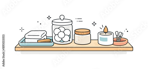 Curated Bathroom Elegance. Bathroom shelf objects. A single floating shelf with ceramic trays, cotton jars, and a candle. Editorial scene focusing on curated