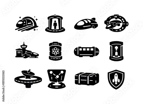 Galactic Transport Icons. Galactic transportation systems. Solid icon set of galactic transportation systems: hyperspace rail, teleportation hub, shuttle pod,