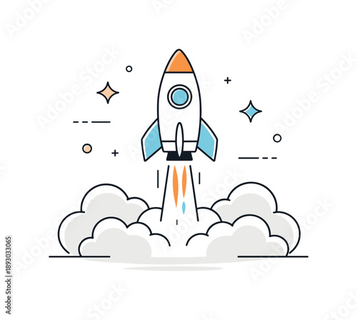 Minimal Rocket Launch. Rocket launch concept. A minimal rocket lifting off with soft smoke clouds and stars in the background. Feeling of ambition, progress,