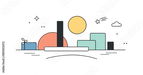 Minimalist Geometric Horizon. Calm geometric landscape. Abstract blocks and circles arranged like a simplified horizon, evoking stability, openness and a