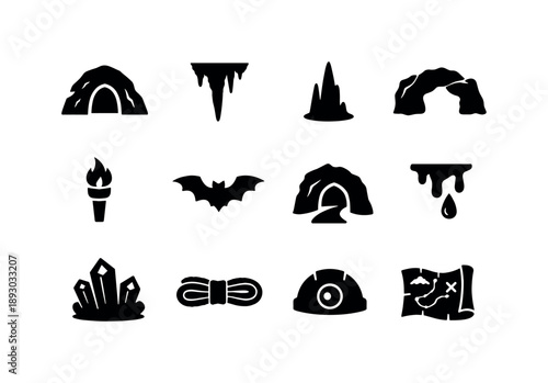 Cave Icon Collection. Caves and caverns. Solid icon set of Caves and caverns: cave entrance, stalactite, stalagmite, rock arch, torch, bat silhouette, cavern
