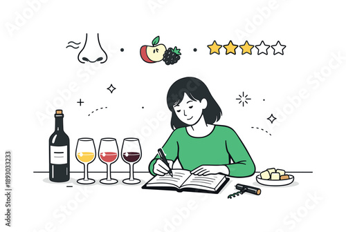 Wine Tasting Documentation. Wine tasting journal scene. A character writing notes beside wine samples, with icons of aroma, flavor, and rating stars above.