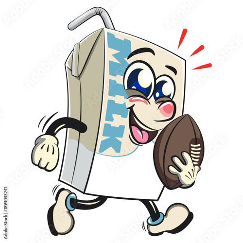 cute milk carton mascot character with straw playing rugby or american football, isolated vector illustration, work of hand drawn
