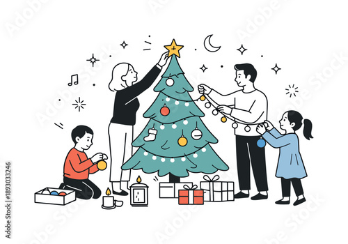 Christmas Eve Decorations. Christmas Eve traditions decorating. Family hanging last ornaments and lights together, relaxed gestures and quiet focus.