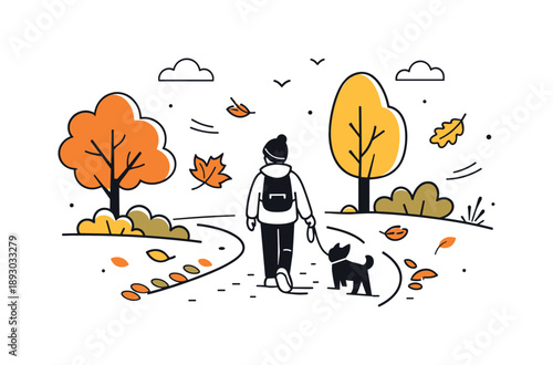 Autumn Nature Walk. Seasonal nature walk. A person walking alone or with a pet on a soft path lined with autumn trees, leaves gently falling around. The scene