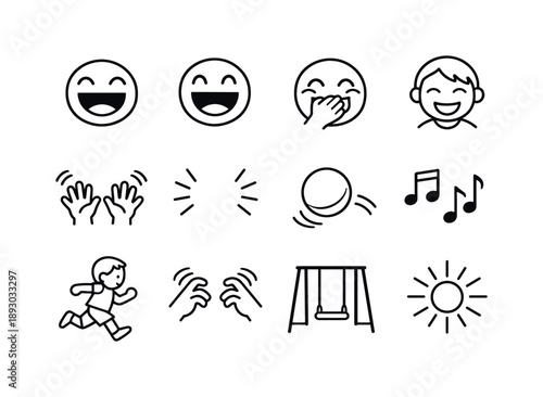 Childhood Joy Icons. Child?s Laughter. Line icon set of Child?s Laughter: laughing face, open mouth smile, giggling eyes, happy child, playful hands, joy