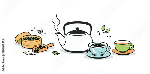Tea Brewing Simplicity. Tea brewing moment. A loose leaf tea set captured during preparation, with tea leaves, kettle, and cups ready for brewing. The scene