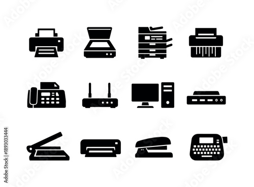 Office Equipment Icons. Office equipment. Solid icon set of office equipment: printer icon, scanner device, copier machine, shredder bin, fax machine, network