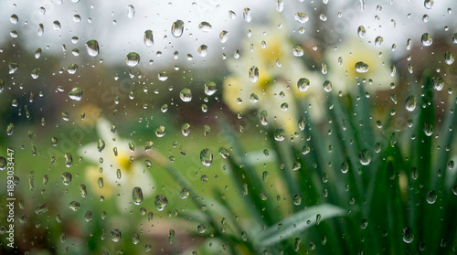 Raindrops on a window pane with blurred yellow daffodils in a garden outside during a spring rain shower with soft natural light