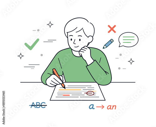 Editing in Progress. Writing process ? editing and revision. Person reviewing text with a pen or digital highlights, refining ideas with care. Calm analytical