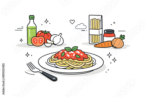 Homemade Dish Artistry. Cooking from scratch. A finished homemade dish on the table, with raw ingredients softly fading into the background. A sense of