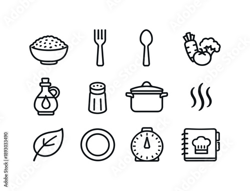 Quinoa Meal Icons. Healthy Quinoa Meal. Line icon set of Healthy Quinoa Meal: quinoa bowl, fork, spoon, vegetables mix, olive oil bottle, salt shaker, cooking