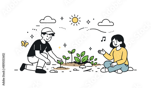 Spring Awakening Scene. After winter renewal. Bare ground slowly giving way to fresh leaves and sprouts. The scene feels hopeful, gentle, and naturally