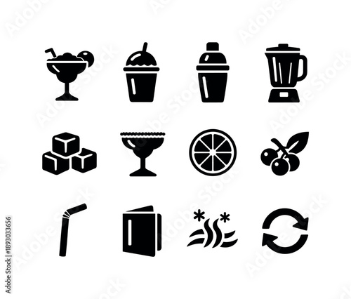 Chilled Cocktail Icons. Chilled Cocktail Menu. Solid icon set of Chilled Cocktail Menu: frozen margarita, slush cup, cocktail shaker, blender jar, ice cubes,