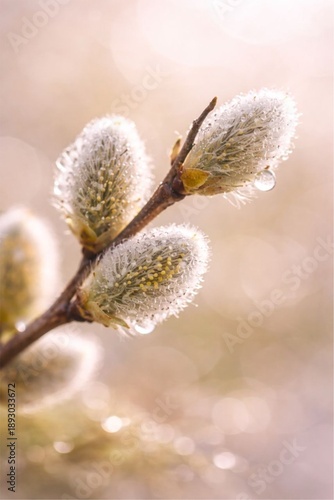Willow catkins with dew in soft golden spring light