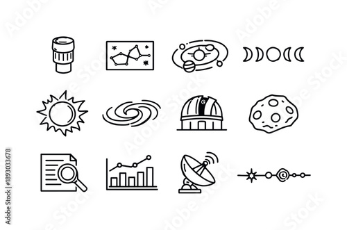 Astronomy Icon Set. Astronomy & Astrophysics. Line icon set of Astronomy & Astrophysics: telescope eyepiece, star map, planet system, moon phases, solar flare,