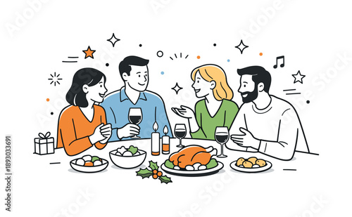 Festive Table Talk. Holiday celebration around table conversation. Guests leaning slightly toward each other while talking, friendly exchange and calm festive