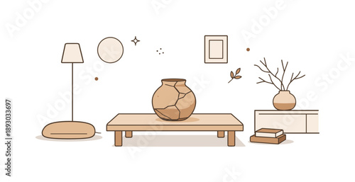 Wabi Sabi Decor. Wabi sabi home objects. A minimal interior space with a cracked pottery piece on a low table, surrounded by air and muted tones, expressing
