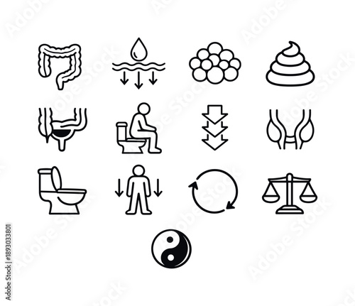Waste Elimination Icons. Waste Elimination. Line icon set of Waste Elimination: large intestine, water absorption, waste formation, feces icon, rectum storage,