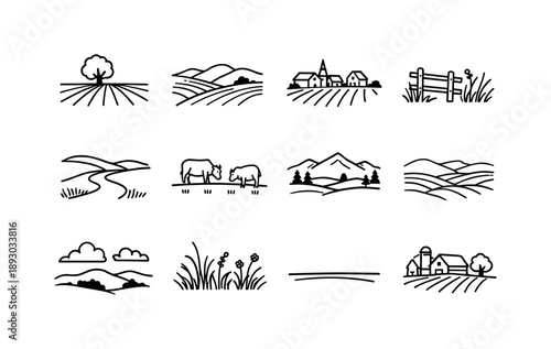 Countryside Field Icons. Countryside Fields. Line icon set of Countryside Fields: field with lone tree, hills and fields, village near field, fence and wild